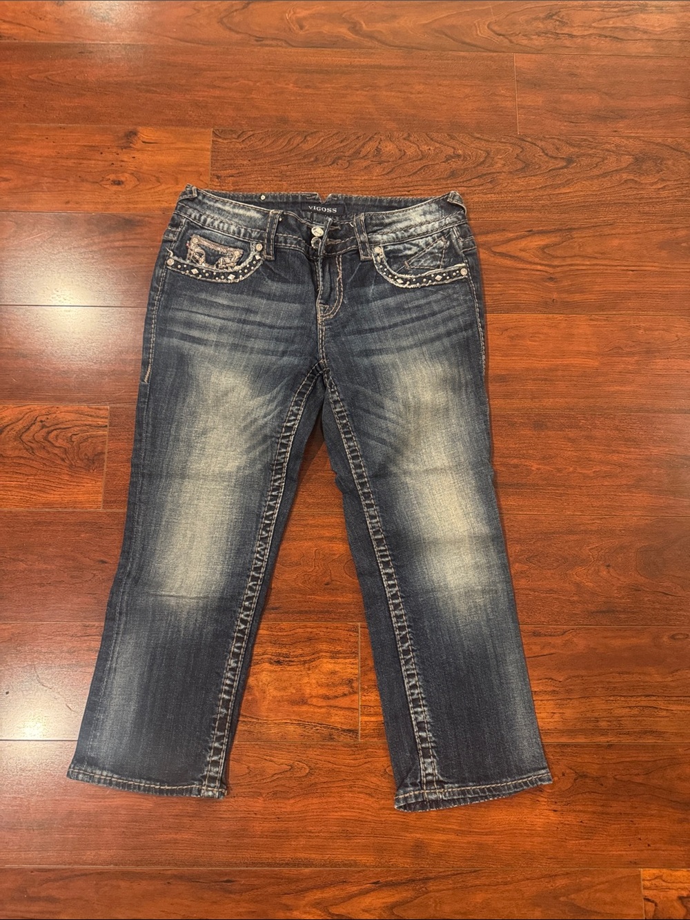 Vigoss Faded Dark Blue Cropped Jeans with Studded Pockets